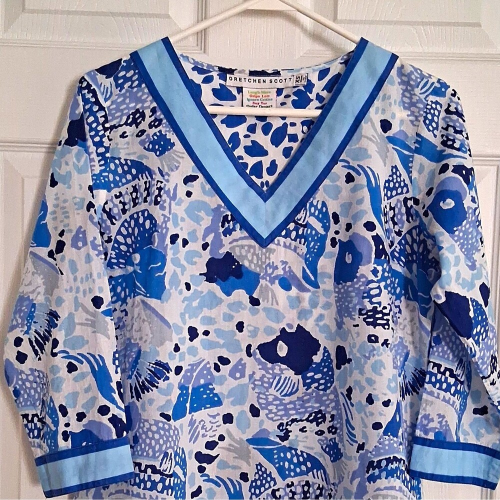 Gretchen Scott Blue Fish Print Cotton Tunic Top Blouse V-Neck Sz XS EUC